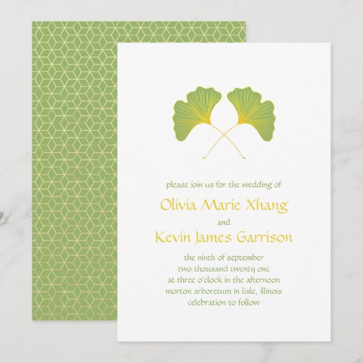 Ginkgo-Blätter und geometrische Gold-Geometrie Einladung (Vorne/Hinten)