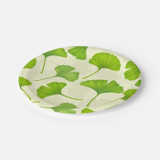 Ginkgo-Muster auf weiß Pappteller (Schrägansicht)