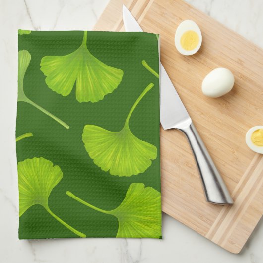 Ginkgo-Muster in dunkelgrün Geschirrtuch (Viertel Falte)