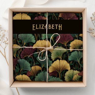 Ginkgoblatt-Muster-Monogramm-Name Türkis Burgundro Seidenpapier