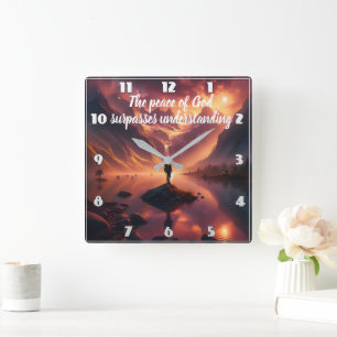 Gipfel Ruhe: Mann mit Blick auf den Bergsee Quadratische Wanduhr