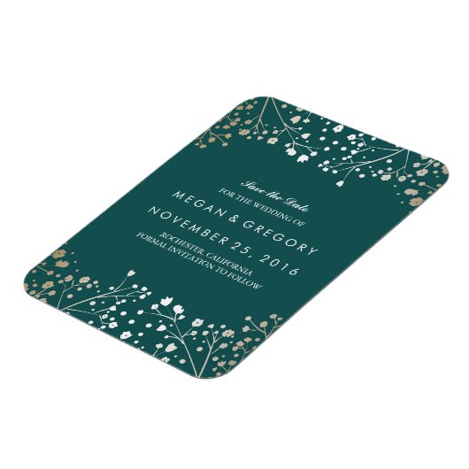 Gipskraut aus aquamarinen und Gold Save the Date Magnet (Linke Seite)