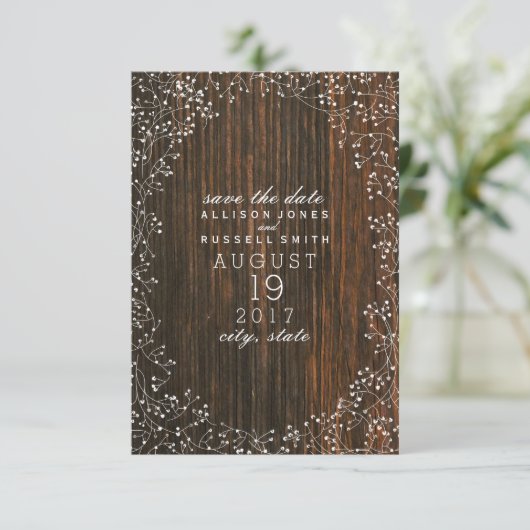 Gipskraut Barn Wood Save the Date (Stehend Vorderseite)
