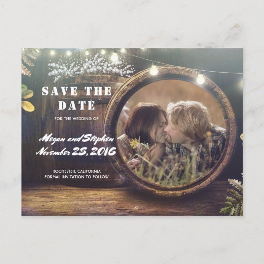 Gipskraut Barrel Rustikales Foto Save the Date Ankündigungspostkarte (Vorderseite)