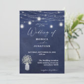 Gipskraut Blue Chalkboard & Jar String Lights Einladung (Stehend Vorderseite)