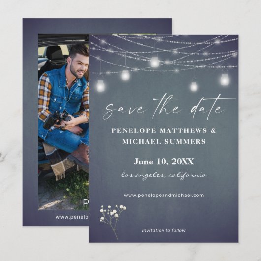 Gipskraut Blue Gray Chalkboard Foto Save The Date (Vorne/Hinten)