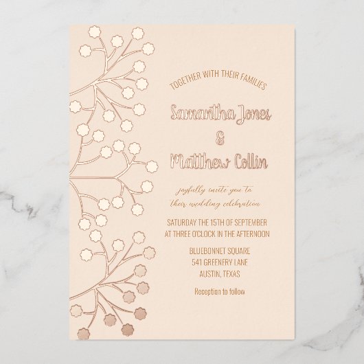 Gipskraut Blues Blush Pink Goldfoil Hochzeit Folieneinladung (Vorderseite)