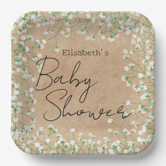 Gipskraut Blume Boho Farmhouse Babydusche Pappteller (Vorderseite)