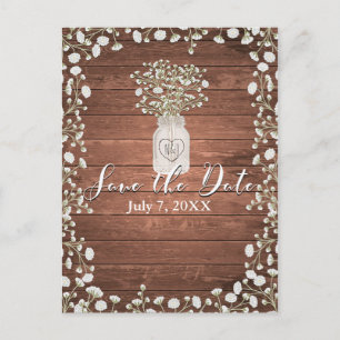 Gipskraut Blume & Holz Elegant Save the Date Ankündigungspostkarte