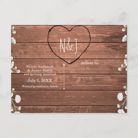 Gipskraut Blume & Holz Elegant Save the Date Ankündigungspostkarte (Rückseite)