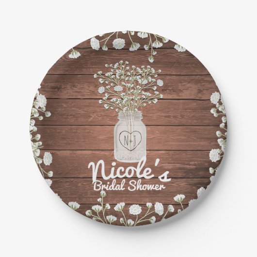 Gipskraut Blume & Holz Elegantes Rustikales Party Pappteller (Vorderseite)