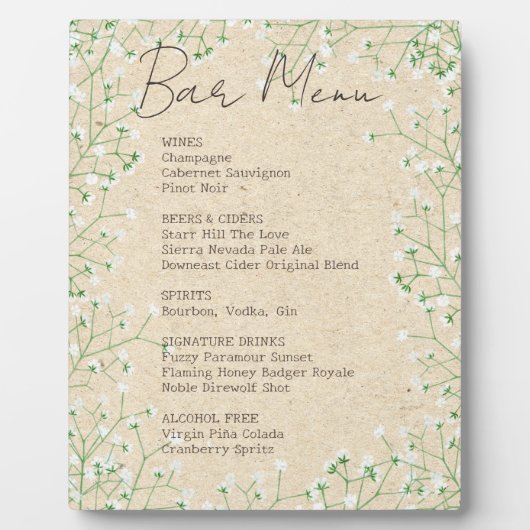 Gipskraut-Blume Rustikales Bar-Menü-Zeichen Fotoplatte (Vorderseite)