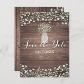 Gipskraut Blume Rustikales Holz Save the Date Ankündigungspostkarte (Vorne/Hinten)