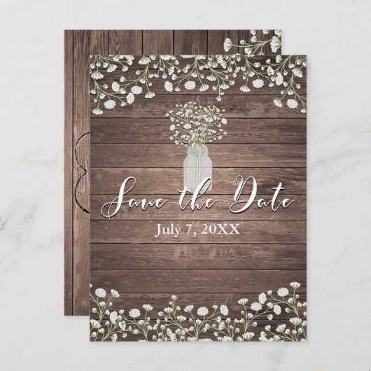 Gipskraut Blume Rustikales Holz Save the Date Ankündigungspostkarte (Vorne/Hinten)