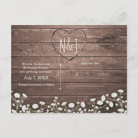 Gipskraut Blume Rustikales Holz Save the Date Ankündigungspostkarte (Rückseite)