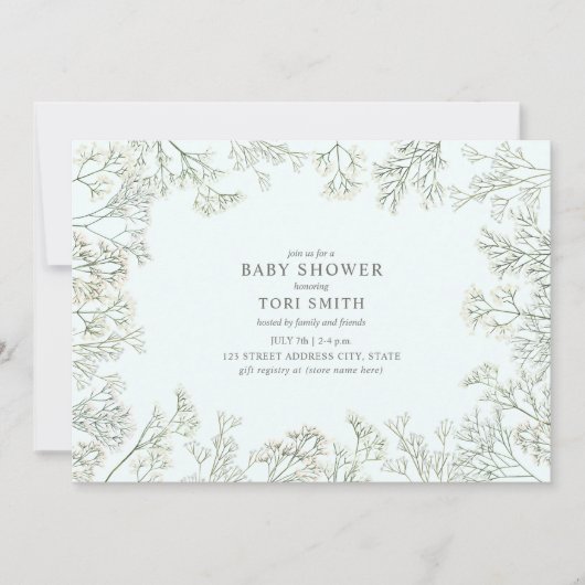 Gipskraut Botanical Pale Blue Baby Dusche Einladung (Vorderseite)