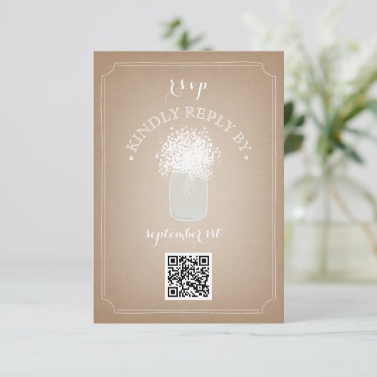 Gipskraut Cardstock Inspiriert Mason Jar QR Code RSVP Karte (Stehend Vorderseite)