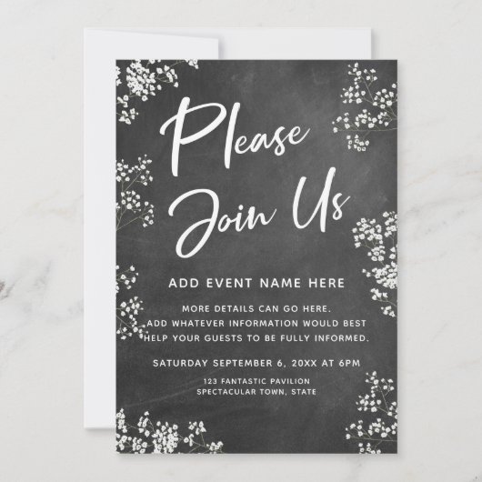 Gipskraut Chalkboard Bitte nehmen Sie an unserer V Einladung (Vorderseite)