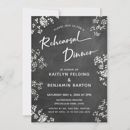 Gipskraut Chalkboard Modernes Probe Abendessen Einladung (Vorderseite)