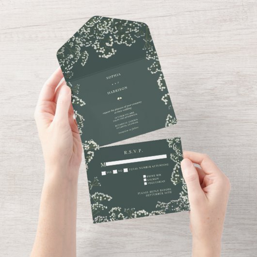 Gipskraut Emerald Green Wedding RSVP All In One Einladung (Abreißen)