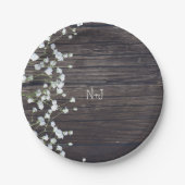 Gipskraut Floral & Dark Rustic Wood Wedding Pappteller (Vorderseite)