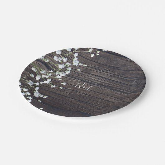Gipskraut Floral & Dark Rustic Wood Wedding Pappteller (Schrägansicht)