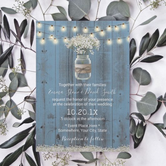 Gipskraut Floral Dusty Blue Rustic Wedding Einladung