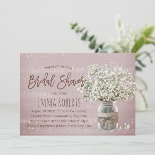 Gipskraut Floral Jar Pink Music Brautparty Einladung (Stehend Vorderseite)