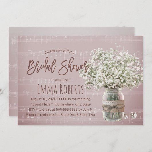 Gipskraut Floral Jar Pink Music Brautparty Einladung (Vorne/Hinten)