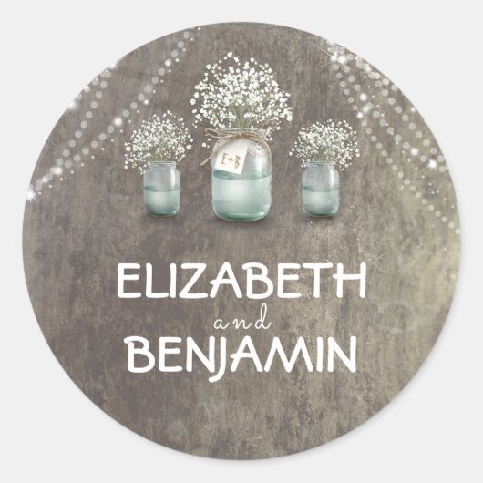 Gipskraut Floral Mason Jar Rustikale Hochzeit Runder Aufkleber (Vorderseite)