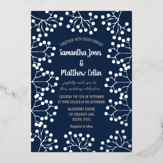Gipskraut Floral Navy Blue Gold Foil Hochzeit Folieneinladung (Vorderseite)