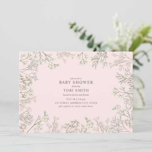 Gipskraut Floral Pink Babydusche Einladung (Stehend Vorderseite)