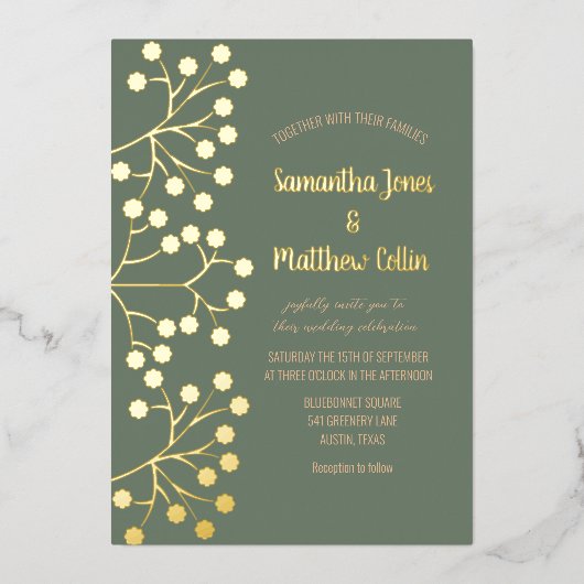 Gipskraut Floral Sage Green Gold Foil Hochzeit Folieneinladung (Vorderseite)
