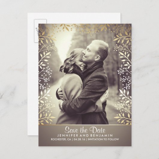 Gipskraut Gold Foil Foto Save the Date Ankündigungspostkarte (Vorne/Hinten)