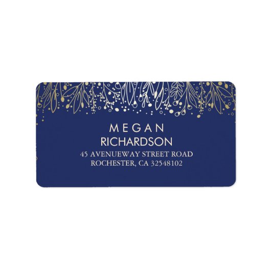Gipskraut Gold und Navy Florals Hochzeit Adressaufkleber (Vorne)