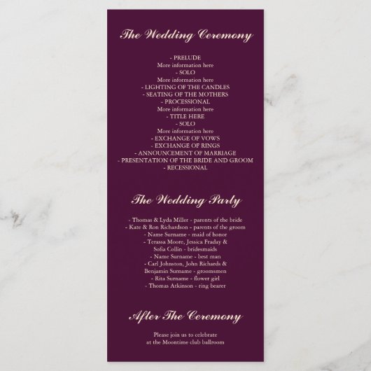 Gipskraut Gold und Plum Hochzeitsprogramme Programm (Rückseite)