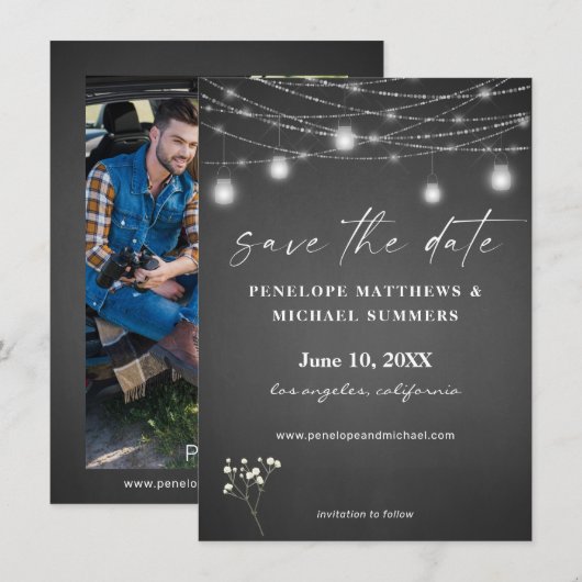 Gipskraut Grau Chalkboard Foto Save The Date (Vorne/Hinten)