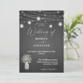 Gipskraut Grau Chalkboard & String Lights Einladung (Stehend Vorderseite)