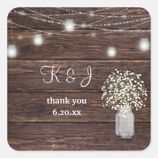 Gipskraut, Holz und Mason Jar String Lights Quadratischer Aufkleber (Vorderseite)