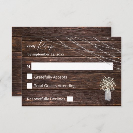 Gipskraut-, Holz- und String-Lights zu den Mahlzei RSVP Karte (Vorne/Hinten)