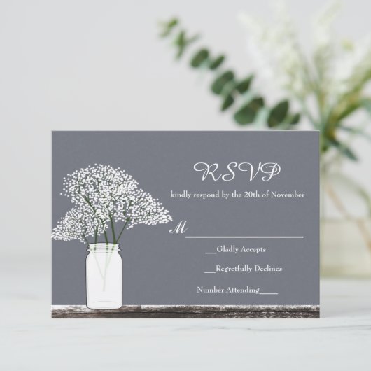 Gipskraut in Mason Jar Rustic Gray RSVP Card (Stehend Vorderseite)