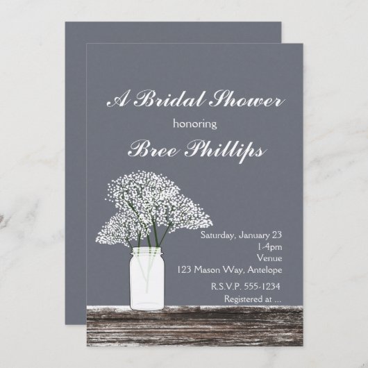 Gipskraut in Mason Jar Rustikale Graue Einladungen (Vorne/Hinten)