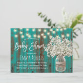 Gipskraut Jar Rustic Aquamarin Wood Baby Dusche Einladung (Stehend Vorderseite)