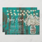 Gipskraut Jar Rustic Aquamarin Wood Baby Dusche Einladung (Vorne/Hinten)