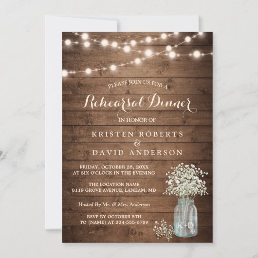 Gipskraut Jar String Lights Probe Dinner Einladung (Vorderseite)