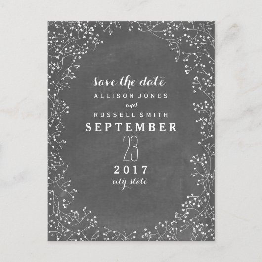 Gipskraut-Kopfplatte Save the Date Inspiriert Ankündigungspostkarte (Vorderseite)