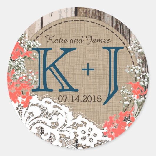 Gipskraut Lace Rustic Monogram Wedding Label Runder Aufkleber (Vorderseite)
