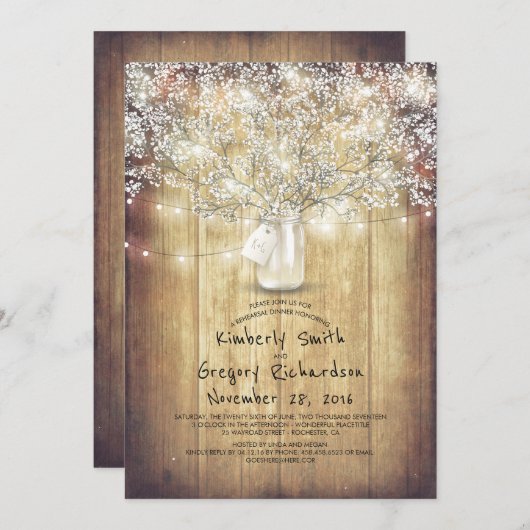 Gipskraut Mason Jar Barn Probe Dinner Einladung (Vorne/Hinten)