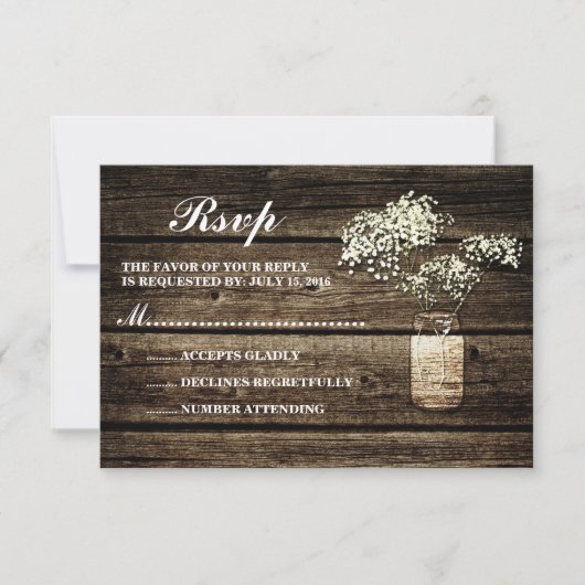 Gipskraut Mason Jar | Barn Wood Wedding RSVP (Vorderseite)