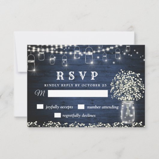 Gipskraut Mason Jar Blue Rustic RSVP Card Karte (Vorderseite)